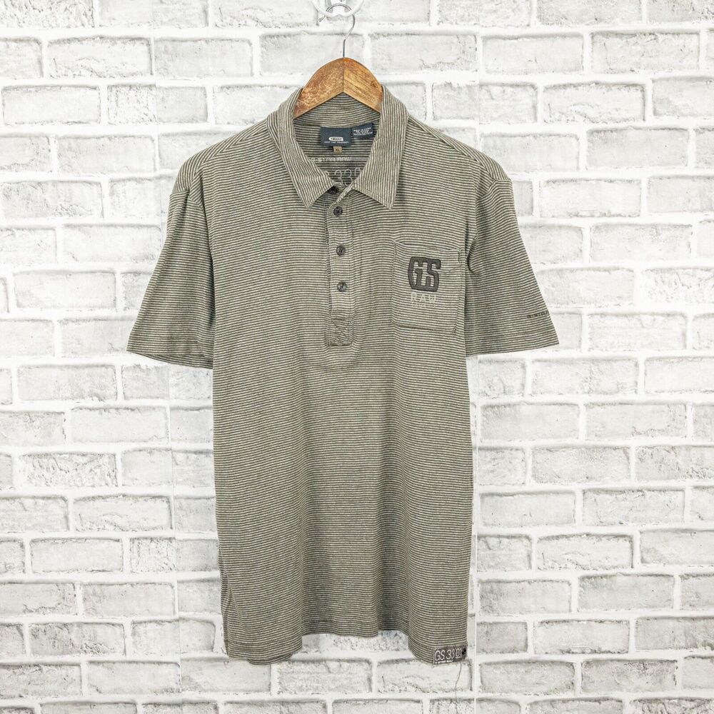 G Star RAW Short Sleeve Polo Shirt Green Striped Cotton XL